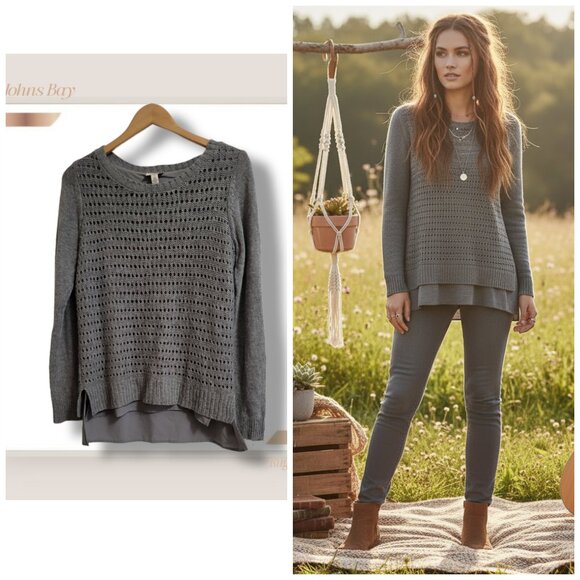 🌿St Johns Bay Boho Chic Gray Open Knit Sweater Women's Small Layered Hem Top - Picture 1 of 12